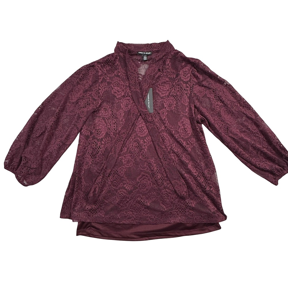 NWT Cable & Gauge‎ Burgundy Floral Lace Surplice Wrap Mock Neck Blouse Large